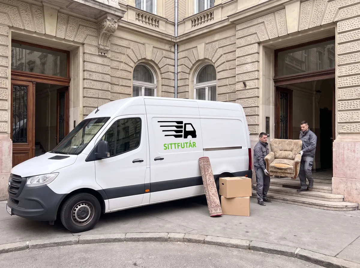 Két munkatárs bútort visz ki egy budapesti bérházból a Sittfutár furgonjához